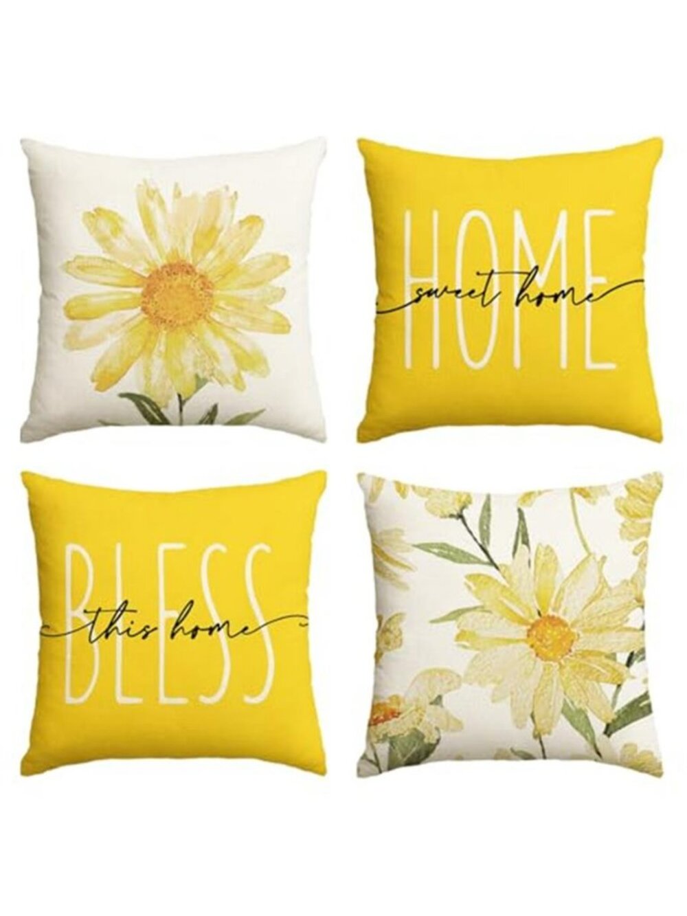 18x18" Home Sweet Home Spring Summer Flowers Yellow Throw Pillow 4 pack covers